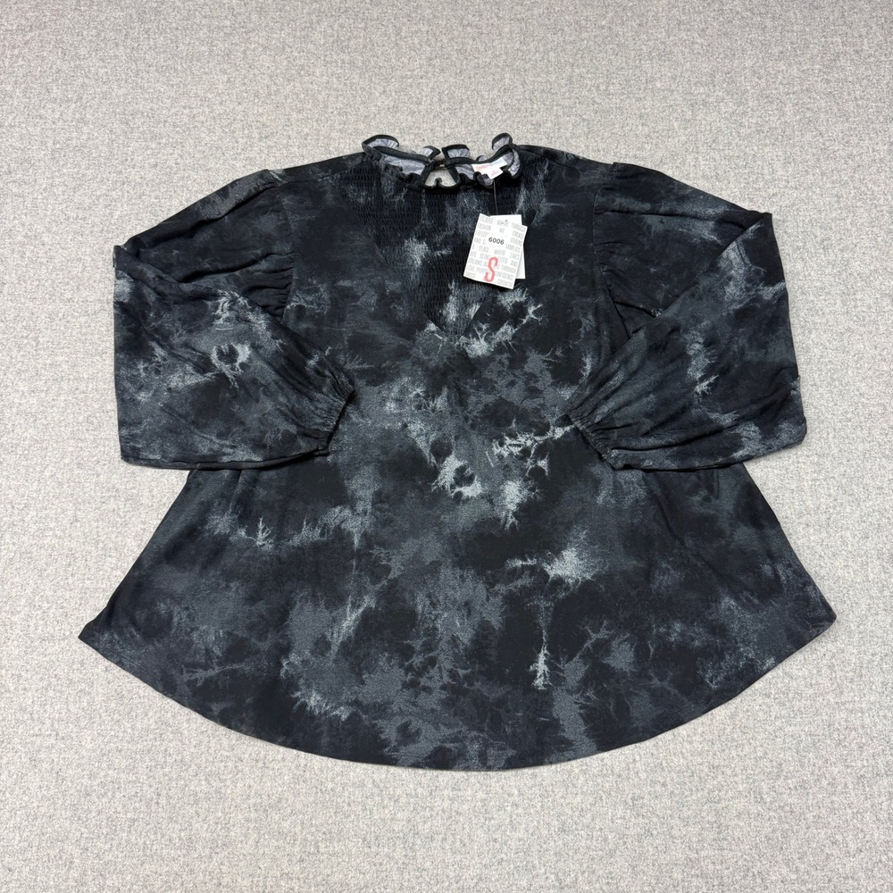 LuLaRoe Blouse Small Black Gray Tie Dye Smocked Ruffle Neck Long Sleeve New NWT